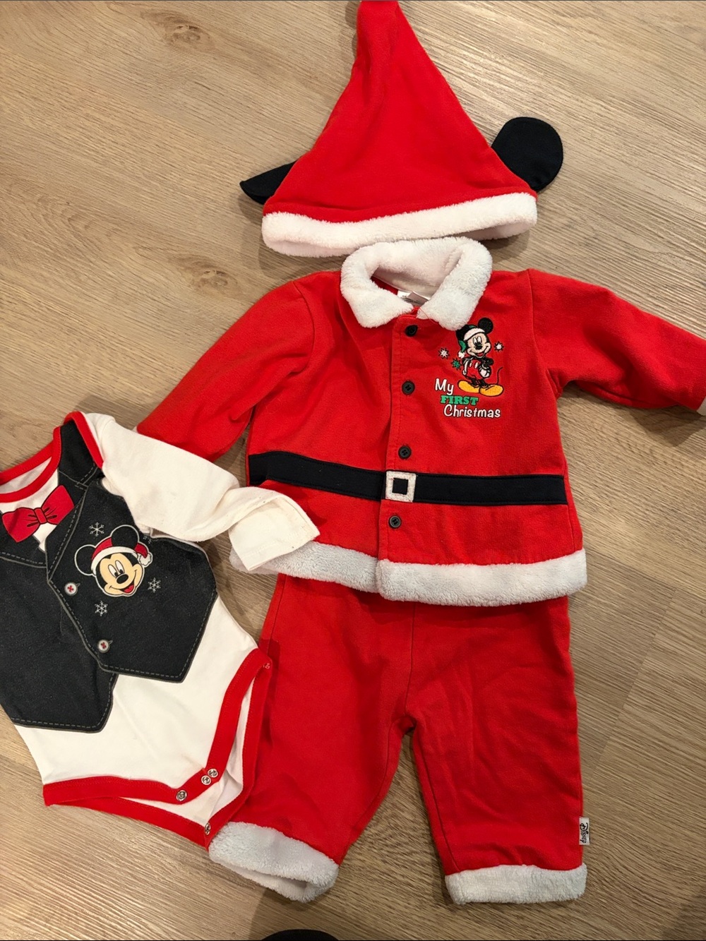 Disney Red and Black Mickey 'My First Christmas' Baby Santa Outfit + onesie